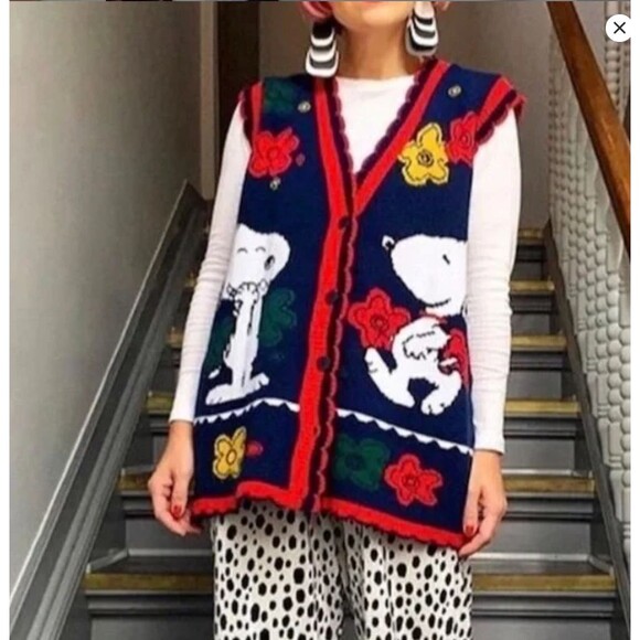 Peanuts Tops - Vintage Snoopy & Friends Peanuts Sweater Vest Women's M Floral Knit Cardigan 90s